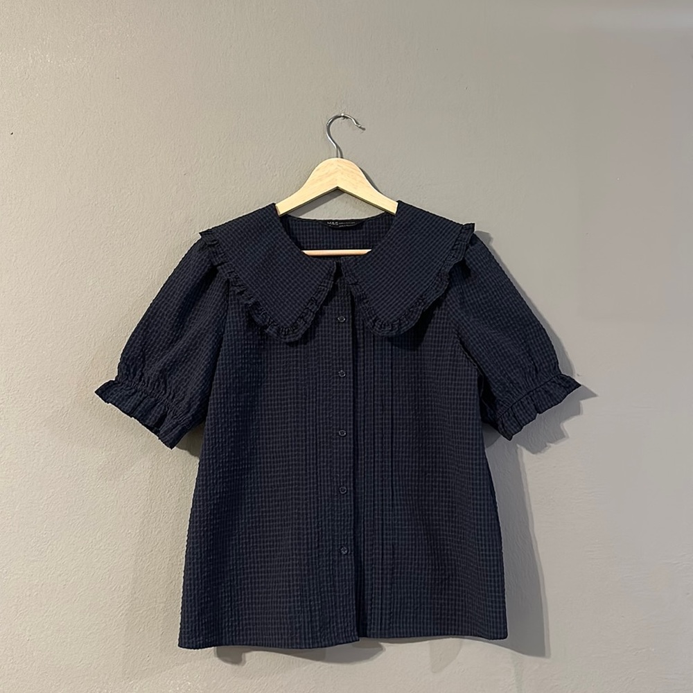 M&S button up top with ruffle trimmed collar navy blue gingham pattern